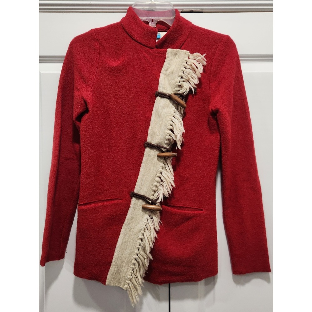 Sparrow Red Wool Mock Neck‎ Jacket Women's XS Fringe Toggle Buttons Boho Chic